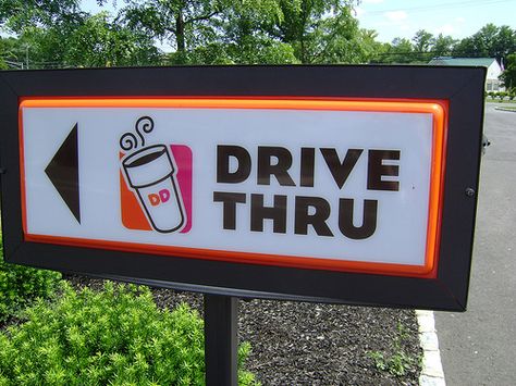 A sign for the drive thru at Dunkin Donuts. Low cognitive effort Donuts Shop, Donut Printable, Ar Logo, Dunkin Donut, Printable Props, Setting Up A Budget, Get Gift Cards, Living The Dream, Drive Thru