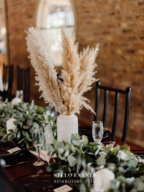 Pampa Grass And Greenery Wedding, Pampas Mixed With Greenery, Pampas Grass Eucalyptus Centerpiece, Boho Green Wedding Decor, Pampas Greenery Wedding, Pampas With Greenery, Pampas And Eucalyptus Wedding Table, Pampas And Greenery Centerpiece, Pampas Wedding Decor Table