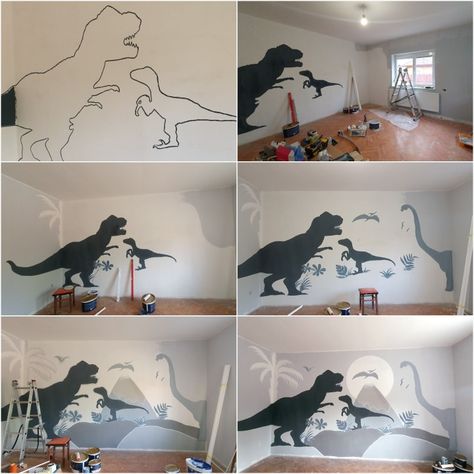 Dinosaur Toddler Room, Dinosaur Theme Room, Wall Drawing, Dinosaur Theme, Big Boy Room, Baby's Room, Toddler Room, Jurassic Park, Boy Room