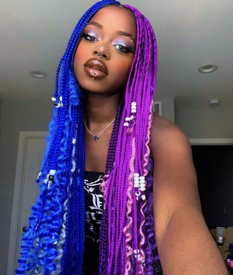 Half N Half Braids, Neon Braids For Black Women, Galaxy Braids For Black Women, Different Colour Braids For Black Women, Neon Box Braids, Purple And Blue Hair Black Women, Purple Braids With Curls, Red And Purple Braids, Split Box Braids