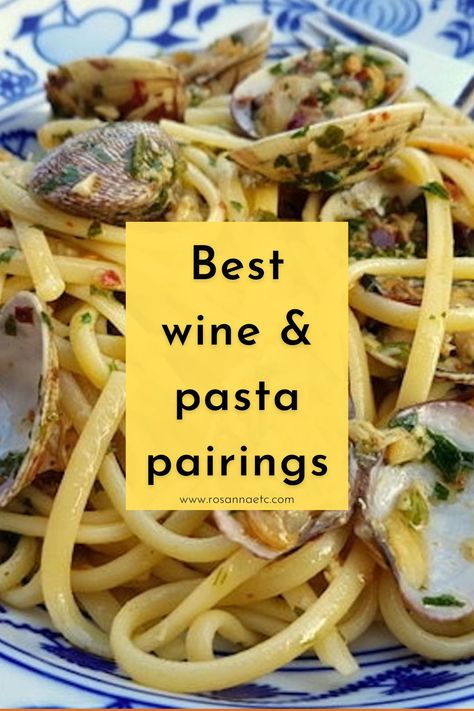 Best pasta and wine pairings. Wine to serve with pasta. Wine pasta pairing. Carbonara wine pairing. Spaghetti wine pairing. Clam pasta wine pairing. Pesto wine pairing. Food and wine pairing. Pasta dinner party recipe. What to serve with pasta. Pasta And Wine Pairings, Pasta Wine Pairing, Pasta Party Ideas, Wine Pairing Food, What To Serve With Pasta, Pasta Dinner Party, Wine And Pasta, Wine Paring, Wine Pasta