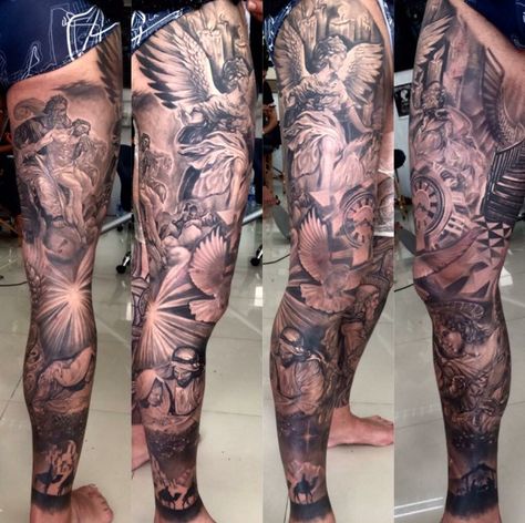 Biblical Leg Sleeve Tattoo, Christian Leg Sleeve Tattoos, Religious Leg Sleeve Tattoo, Greek Mythology Leg Tattoos, Greek Leg Sleeve, Calve Tattoos, Leg Sleeve Tattoo Men Full, Godly Tattoos, Calf Tattoo Ideas