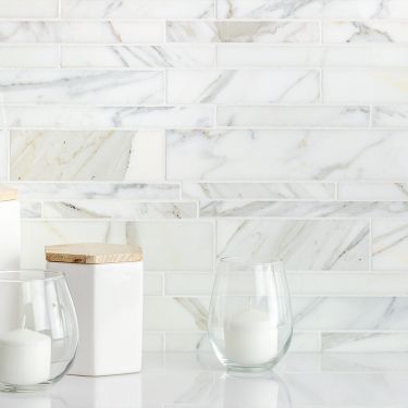 Mosaic Tiles for Backsplash, Floors & Walls | TileBar.com Calacatta Tile, Gray Backsplash, Marble Tile Backsplash, Honed Marble Tiles, Backsplash Wall, Mosaic Floor Tile, Kitchen Backsplash Designs, Marble Backsplash, Backsplash Designs