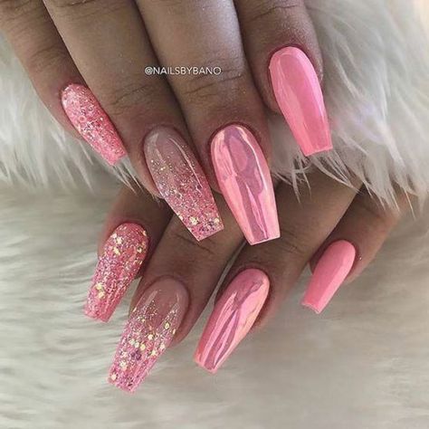 Pink Chrome and Glitter Coffin Nails Pink Chrome, Coffin Shape Nails, Coffin Nails Designs, Beautiful Nail Art, Cute Nail Designs, Chrome Nails, Nail Decorations, Gorgeous Nails, Perfect Nails