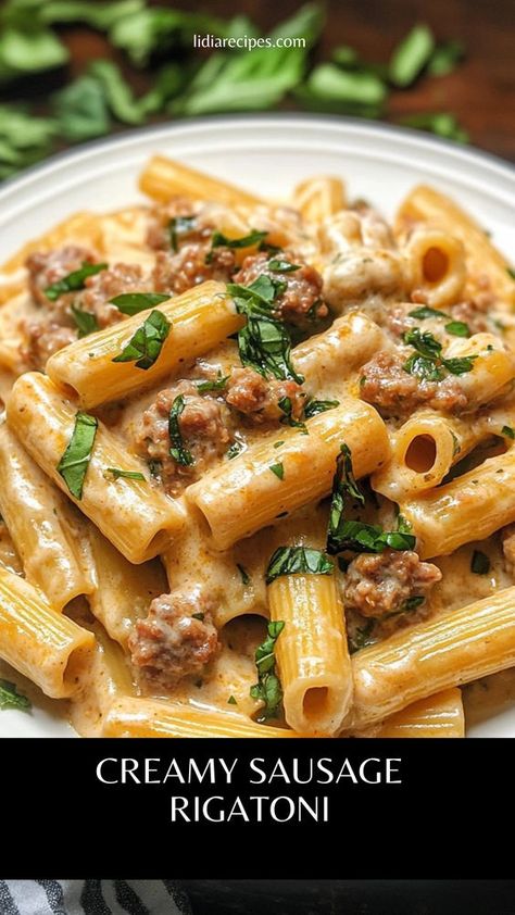 Pasta lovers, rejoice! This creamy Sausage Rigatoni is the perfect blend of savory sausage and rich sauce—pure bliss in every bite! 😋���🍝 #SausageRigatoni #PastaCravings #CreamySauce #ComfortFoodFix #DeliciouslyRich #SausageAndPasta #DinnerDelight #ItalianComfort #PastaNight #FlavorsForDays Italian Sausage Rigatoni With Spicy Cream Sauce, Dinner Recipe Sausage, Pork Sausage And Pasta Recipes, Italian Sausage Rigatoni Pasta, Rigatoni And Sausage Recipes, Creamy Spicy Sausage Pasta, Sweet Italian Sausage Pasta Recipes, Crumbled Sausage Pasta, Best Italian Sausage Recipes