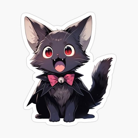 Vampire Cat Drawing, Kawaii Vampire, Kawaii Alt, Kawaii Cats, Vampire Cat, Inspiration Journal, Black Cat Sticker, Halloween Sticker, Halloween Vampire