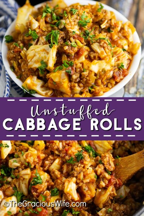 Easy one pot Unstuffed Cabbage Rolls are a delicious, simple way to enjoy a classic. A full healthy meal in a bowl with rice that the whole family will love. Gluten free, dairy free, low carb and keto options. Cabbage Roll In A Bowl Keto, Cabbage Rolls Unstuffed, Stuffed Cabbage Bowl, Cabbage Rolls Bowl, Keto Cabbage Roll Skillet, Keto Unstuffed Cabbage Rolls, Cabbage Rolls In A Bowl, Cabbage Roll In A Bowl Recipe, Skillet Cabbage Rolls