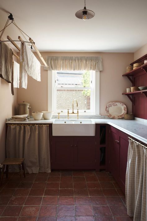 The Refectory Red Dining and Laundry Room | deVOL Kitchens Burgundy Shaker Kitchen, Non Fitted Kitchen Ideas, Small Devol Kitchen, 1890s Kitchen, Red Laundry Room, Kitchen Devol, Tiny Utility, Kitchen 2025, Wisteria Cottage