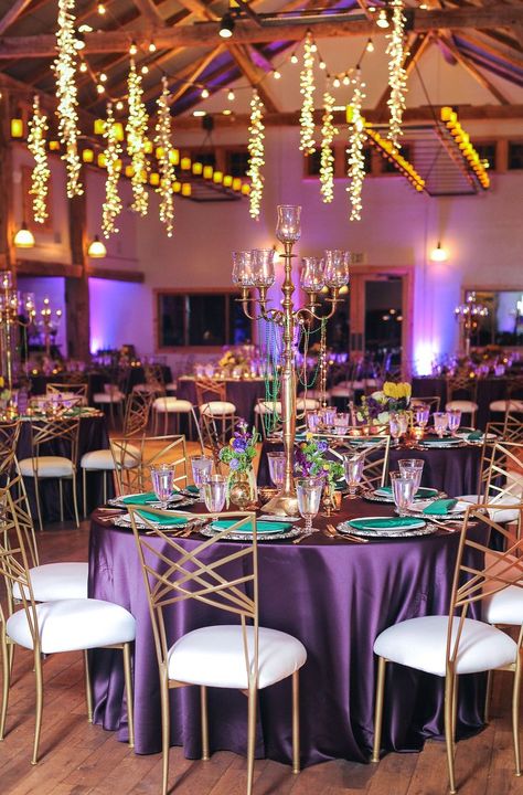 A Mardi Gras event with purple linened tables, gold chairs, and emerald green napkins. Mardi Gras Wedding Theme Receptions, Mardi Gras Wedding Reception, Mardi Gras Themed Wedding, Mardi Gras Aesthetic, Mardi Gras Gala, Mardi Gras Wedding Theme, Ball Themes, Mardi Gras Party Ideas, Mardi Gras Prom