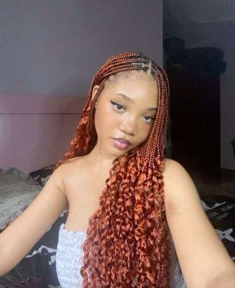 Ginger Hair Styles Braids, Ginger Box Braids Dark Skin, Ginger Attachment Braids, Dark Ginger Box Braids, Ginger Braid Hairstyles, Ginger Knotless Braids With Black Roots, Ginger Coloured Braids, Ginger Hairstyles Braids, Red Mermaid Braids