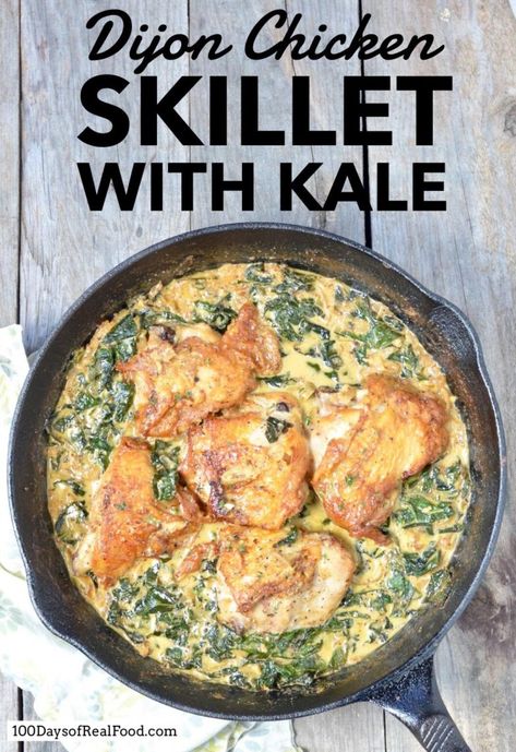 Dijon Chicken Skillet with Kale Quick Ramen, Chicken And Kale, Real Food Dinner, Kale Recipe, Chicken Kale, 100 Days Of Real Food, Dijon Chicken, Ramen Bowls, Chicken Skillet