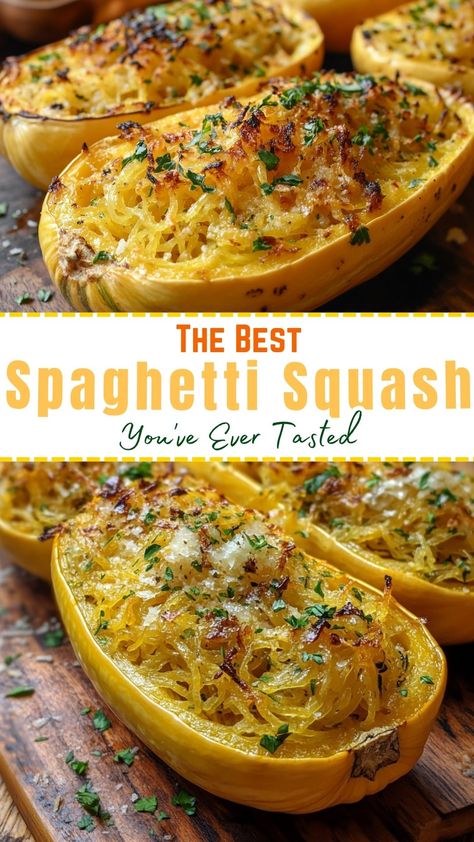 Thanksgiving Recipes: The Best Spaghetti Squash You've Ever Tasted Chicken Sausage And Spaghetti Squash, Cool Spaghetti Squash, Bakes Spaghetti Squash Recipes, Spaghetti Squash Garlic Noodles, Veggie Spaghetti Squash Recipes, Baking Spaghetti Squash In Oven, Savory Spaghetti Squash, Spaghetti Squash Zucchini Recipes, Baking A Spaghetti Squash