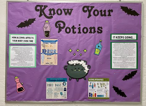 Halloween/“Witchy” themed Alcohol awareness bulletin board Alcohol Awareness Bulletin Board, Study Bulletin Board, Alcohol Bulletin Board, Residence Life Bulletin Boards, College Drinks, Halloween Alcohol, Alcohol Awareness, Ra Themes, Bulletin Boards Theme