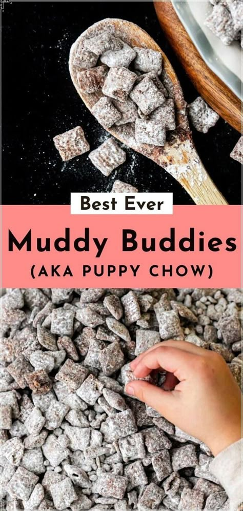 Talk about easy, Muddy Buddies come together in about 15 minutes! Chocolate is combined with peanut butter to coat crunchy cereal, then it’s all covered in powdered sugar. Seriously make this today if you can! Chex Muddy Buddies Recipe, Chex Mix Muddy Buddies, Chex Muddy Buddies, Homemade Chex Mix, Chex Mix Puppy Chow, Muddy Buddies Recipe, Muddy Buddy, Chocolate Cereal, Puppy Chow Recipes