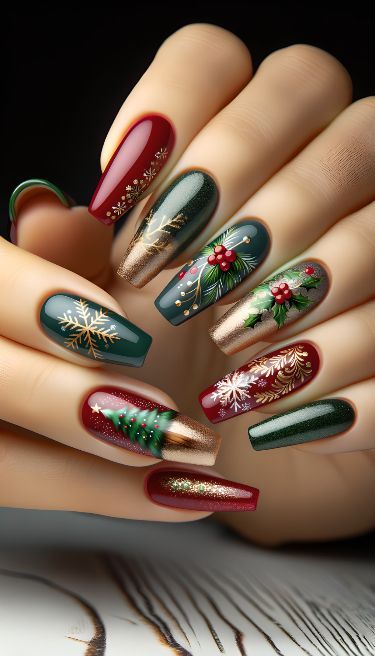 Nail Art Noel, Red And Gold Nails, Gold Acrylic Nails, Festive Nail Art, Colorful Nail Art, Green Nail Designs, Cute Christmas Nails, Floral Nail, Christmas Gel Nails