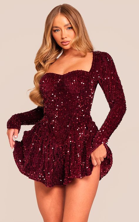 Sparkly Christmas Outfit, Going Out Outfits Jeans, Red Playsuit, High Neck Jumpsuit, Glam Accessories, Velvet Dress Short, Bandeau Jumpsuit, Xmas Outfit, Long Sleeve Playsuit