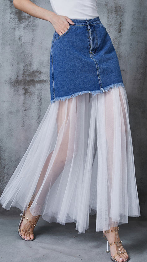 Fabric: Denim Fabric£¬Tulle Size & Fit: This garment fits true to size. Length: Size S measures 38.22"from waist to hem. Waist:Fitted - very fitted at natural waist Hip: Loosely Fitted. room for hips. Hand Wash Cold. Tule Skirt Outfits 2023, Skirt From Shirt, Denim Long Skirt Outfit, Upcycled Denim Skirt, Cotton Tunics For Women, Denim Diy Clothes, Ropa Upcycling, Clothes Upcycle, Patchwork Denim Skirt