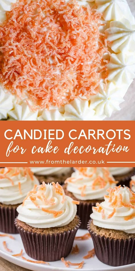 These Candied Carrot Decorations are beautiful as a carrot cake garnish. Simple to make by grating carrots, cooking them in a sugar syrup before leaving them to dry overnight and tossing in white sugar for a gorgeous frosted appearance. Carrots Decoration, Cake Garnish, Carrot Decorations, Carrot Cake Decoration, Sugar Carrots, Candied Carrots, Easy Carrot Cake, Cream Cheese Buttercream, Carrot Cake Cupcakes