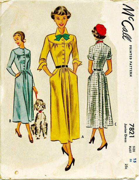 1949 Vintage Sewing Pattern - Day Dress with Yoke Interest and Unusual Hip Pockets - McCALL 7821 30s Dress Pattern, Retro Dress Pattern, 1940s Dress Pattern, Yoke Dress, Vintage Midi Dresses, Shirtwaist Dress, 1940s Dresses, Couture Vintage, 1940s Fashion