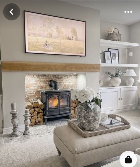 Country Cottage Lounge Ideas, Living Room Inspo Media Wall, Living Room Log Burner Ideas, Living Room Decor With Log Burner, Log Fire Media Wall, Country Living Room Media Wall, Living Room With Stove Fireplace, Cosy Living Room Ideas Neutral, Neutral And Sage Living Room