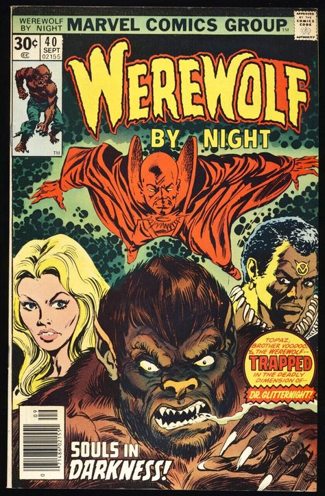 WEREWOLF BY NIGHT #40 1976 VF "Souls In Darkness" BROTHER VOODOO Marvel Comics Werewolf By Night #40 is cover dated September 1976 and was published by Marvel Comics. This 32 page comic contains the following story: "Souls In Darkness" with story and art by Doug Moench and Don Perlin (pencils and inks) (18 pages) guest-starring Brother Voodoo. The cover features artwork by Ed Hannigan ?, Keith Pollard ? (pencils) / Tom Plamer (inks) of the Werewolf by Night, Topaz and Brother Voodoo trapped in t Brother Voodoo, Werewolf By Night, Old Comics, Vintage Comic Books, Marvel Comic Books, Classic Comics, Horror Comics, Comic Book Covers, Graphic Novels