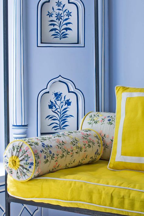 A daybed is upholstered in a bright lemon yellow, which accents the beautiful powder blue walls in Mumbai, India's Gem Palace jewelry store. Jaipur Wall Art, Powder Blue Walls, Jaipur Furniture, Rajasthani Interior Design, Blue Wall Design, Mumbai Photos, Jaipur Design, Bar Palladio, Blue And White Room