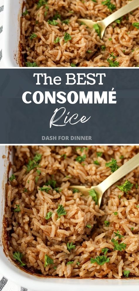 This 3 ingredient Beef Consomme Rice is SO easy to make thanks to the simple oven-baked method. All you need is rice, canned beef consomme, and a little butter and you're ready to make this flavorful and easy rice side dish. Perfect for holidays, dinner parties, or even busy weeknight dinners! Rice With Beef Consommé, Consume Rice Recipe, Beef Consume Rice, Rice Consomme Recipe, Bake Rice In Oven, Rice Baked In Oven, Beef Consomme Rice Recipe, Make Ahead Rice, Oven Rice Recipe