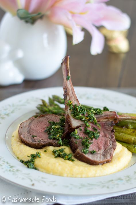 Celebrate Easter and impress your guests with this Mediterranean rack of lamb and mint gremolata. Serve it over creamy polenta and roasted asparagus for a delicious meal. It’s simple, sophisticated, and full of fresh spring flavors! Lamb Rack Plating, Mint Gremolata, Lamb Sides, Asparagus Breakfast, Spring Flavors, Lamb Rack, Roasted Lamb, Diner Party, Lamb Recipe