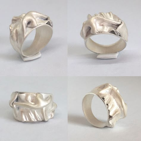 Sculptural Silver Jewelry, Wax Casted Rings, Clay Silver Ring, Art Clay Silver Ring, Silver Clay Rings, Silver Clay Jewelry Ideas, Silver Clay Ring, Casted Jewelry, Silver Clay Jewelry