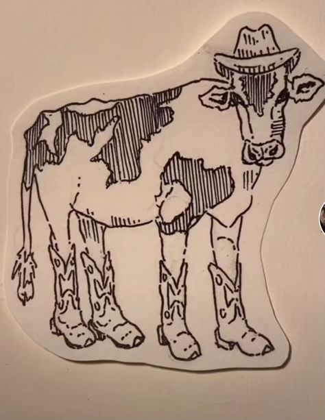 Cow In Cowboy Hat Tattoo, Cow With A Cowboy Hat Tattoo, Cow Wearing Cowboy Hat Tattoo, Cow With Cowboy Hat Drawing, Cowboy Cow Tattoo, Funny Cow Tattoo, Cow And Moon Tattoo, Cow With Cowboy Hat Tattoo, Netherlands Tattoo Ideas