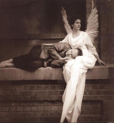 Guardian Angel sheltering a homeless man. White Photo, A Man, Angel, Black And White, White, Black