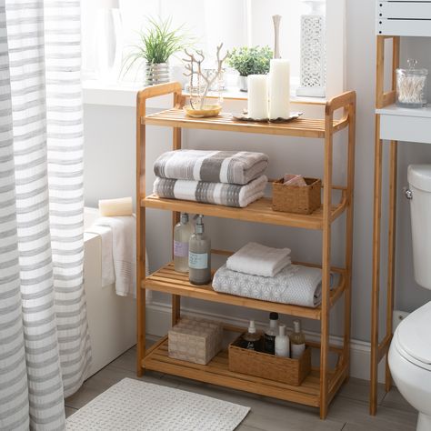 Store and decorate in your bathroom with the Organize It All Deluxe 4 Tier Bamboo Shelving Unit. Made of natural Bamboo this shelving tower is made up of 4 tiers and is freestanding. Easily place anywhere within your bathroom or sauna, wherever it is needed. The shelves can be used to store towels, toilet paper, toiletries or display decorative items. NEU Home Natural 4-Tier Wood Freestanding Bathroom Shelf in Brown | NH-29944W Design Interior Baie, Farmhouse Bathroom Accessories, Freestanding Bathroom Shelves, Bamboo Shelf, Bathroom Storage Shelves, Bathroom Inspiration Decor, Apartment Bathroom, Bathroom Shelf, Design Case