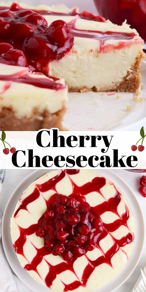 Cherry Cheesecake Homemade, How To Make Cherry Cheesecake, Cheesecake Cherry Topping, Cherry Cheesecake Birthday Cake, Cherry Topped Cheesecake, Classic Cherry Cheesecake, Cherry Pie Filling Cheesecake, Cherry Cheesecake Baked, Cheesecake With Cherry Topping