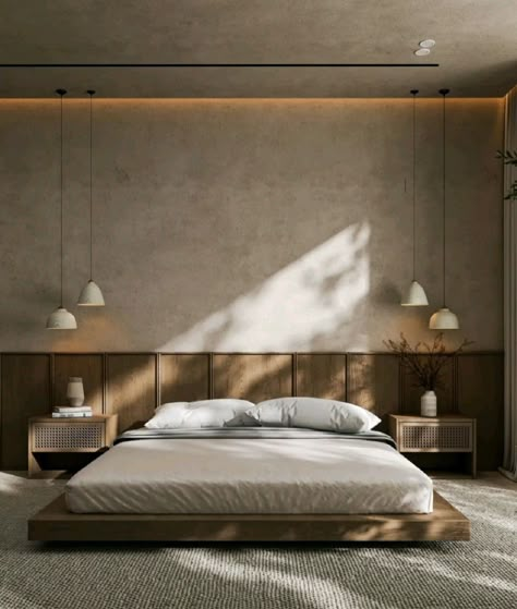 Muji Style Bedroom, Slat Wall Bedroom, Low Wooden Bed, Cozy Minimal Bedroom, Japandi Interiors Bedroom, Low Height Bed, Dark Japandi, Cozy Minimalist Bedroom, Sleek Bedroom