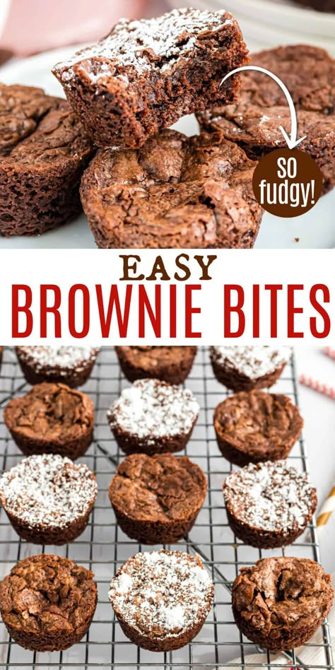 These Brownie Bitesd are super fudgy and the perfect two bite brownie treat. Whether you enjoy them plain, with frosting, or a touch of powdered sugar, they are sure to please. 2 Bite Brownie Recipe, Brownies In Muffin Tin, Easy Brownie Bites, Two Bite Brownies, Mini Brownie Bites, Brownies Bites, Brownie Bites Recipe, Easy Brownie, Pecan Cheesecake