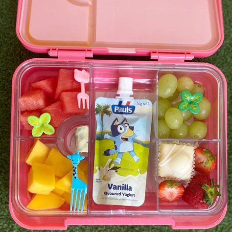 Lunch Box Ideas on Instagram: "💙 B L U E Y 💙 ☀️Snacks by the pool today, then we came home for lunch •Watermelon •Mango •Protein bar (1/4) •Vanilla Bluey yoghurt •Strawberries •Cupcake •Grapes @mum_made_yum lunchbox #lunchboxideas #lunchbox #kidsbentobox #kidslunchideas #kidslunchbox #kidslunch #bentobox #bentoboxlunch #kidsbento #lunch #schoollunch #schoollunchboxideas #schoollunchideasforkids #kidsfoodideas #kidshealthylunch #kidshealthyfood #kidseatright #lunchboxinspiration #lunchbo B Box Lunch Ideas, Bluey Lunch Ideas, Preppy School Lunch Ideas, Cute Lunch Ideas For Kids, Kid Lunch Box Ideas, Kids Lunches For School, Lunchbox Ideas Kids, Snack Box Ideas, Lunchbox For Kids