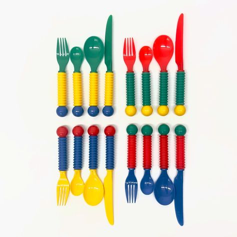 It’s a jumble out there. Hilarious 1980s Memphis-inspired acrylic cutlery set, with complete place settings for 8. Now available. . . #ironic #memphis #1980s #primarycolors #acrylic #flatware #cutleryset #flashback #groupycollections Dish Storage, Memphis Style, Small Spoon, Red Green Yellow, Ceramic Vases, Decanters, Flatware Set, Dinner Sets, Cutlery Set