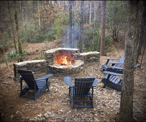 Fire Pit On A Hillside, Ceremonial Fire Pit, Cabin Outdoor Firepits, In Ground Bonfire Pit, Campground Ideas Campsite Fire Pits, Campsite Fire Pit Ideas, Fireplace Outside Fire Pits, Campfire Pits Backyard, Fire Pit Cabin