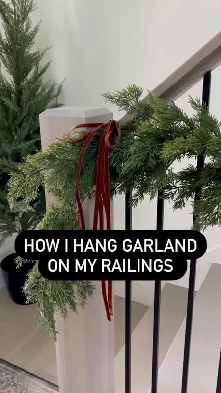 Ribbon Garland Over Door, Easy Stair Railing Christmas Decor, Stockings On Stairs With Garland, Christmas Decoration For Stairs Railings Banisters, Garland On Front Porch Railing, How To Wrap Garland On Stairs Railings, Garland On Railing Christmas, Garland Railing Christmas, Garland On Stairs Banisters