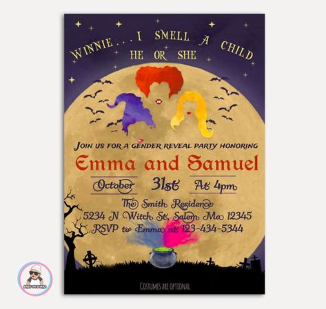 Hocus Pocus Gender Reveal Invitations, Hocus Pocus Gender Reveal Ideas, September Gender Reveal, Hocus Pocus Gender Reveal, Halloween Gender Reveal Invitations, Pumpkin Pregnancy Announcement, Ghoul Ghost, Pumpkins Ideas, Halloween Gender Reveal