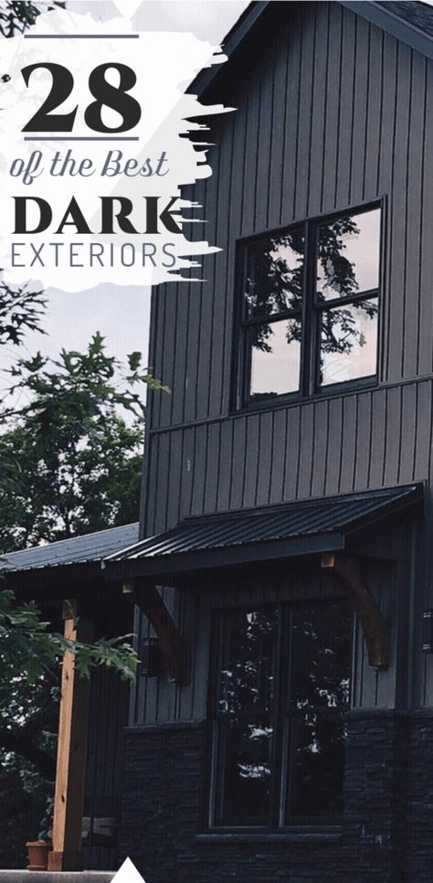 Charcoal Siding With Stone, Black Hardy Board Siding, Dark Grey Sided House, Dark Siding With White Trim, Black Stacked Stone Exterior, Dark Color Siding House, Dark Rustic Home Exterior, Black Home With Stone, Masculine Exterior House