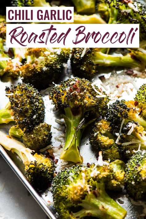 Ready in only 15 minutes, this Roasted Broccoli is tossed in a chili garlic sauce and topped with Parmesan cheese for a healthy and delicious veggie side dish! Mexican Broccoli Side, Chili Broccoli, Vegeterian Dishes, Gluten Free Mexican Recipes, Farmhouse Cooking, Luscious Recipes, Quinoa Tacos, Veggie Side Dish, Clean Dinner Recipes