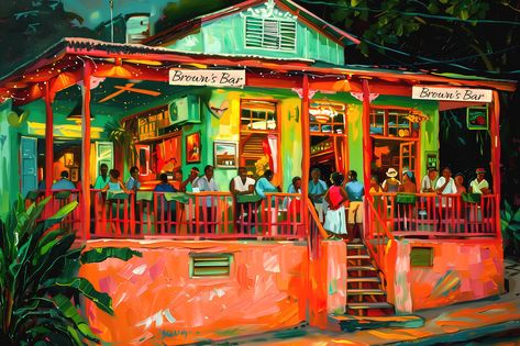 Customisable Caribbean Art Print or Canvas of Bar in West Indies Grenada St Lucia Jamaica Dominica or Antigua by WestIndiesArtCo on Etsy Jamaica Culture Art, Jamaica Illustration Art, Caribbean Art West Indies, West Indies Art, Caribbean Landscape Painting, Antigua And Barbuda Culture, Caribbean Culture, Caribbean Art, Black Art Painting