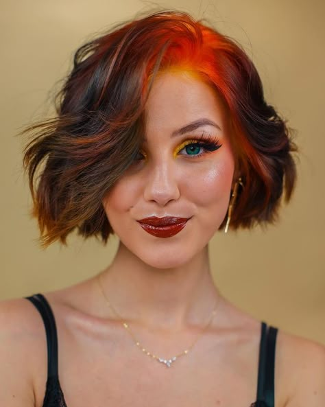 Coloured Bob Hair, Short Hairstyle Women With Color, Rainbow Curtain Bangs, Short Hair Vivid Color, Vivid Short Hair, Short Hairstyle Color, Hair Color Inspiration For Short Hair, Short Hair Colour Ideas, Short Coloured Hair