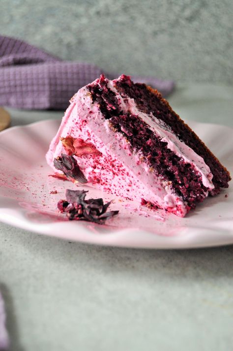 Beautiful Cake Recipes, Spring Cake Flavor Ideas, Hibiscus Cake Recipe, Hibiscus Recipes Desserts, Hibiscus Powder Recipes, Recipes With Hibiscus Flower, Vegan Hibiscus Recipes, Pink Cake Recipe, Hibiscus Dessert