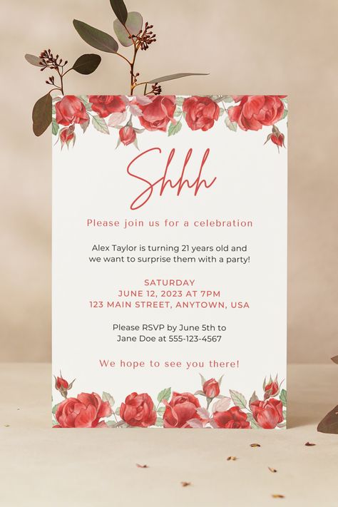 Red Watercolor Flowers Surprise Birthday Invitation with digital and print options so you can make your surprise party unforgettable Secret Party Invitation, Shhh Its A Surprise, Flowers Surprise, Surprise Party Invitations, Surprise Birthday Invitations, Secret Party, Surprise Birthday Party, Secret Safe, 18th Birthday Party