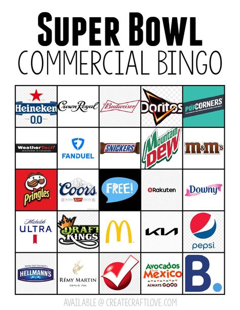 Super Bowl Commercial Bingo | Updated Annually for the Game Super Bowl Commercial Game, Super Bowl Commercial Games, Commercial Bingo Superbowl, Super Bowl 2024 Games, Super Bowl Social Media Posts, Superbowl Commercial Bingo 2024, Super Bowl Commercial Bingo 2024, Superbowl Bingo 2024, Super Bowl Bingo Cards 2024