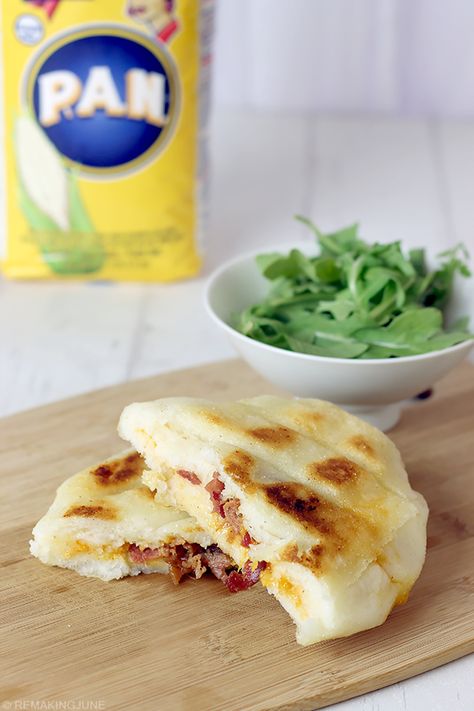 bacon and cheese stuffed arepas PAN cornmeal recipe Stuffed Arepas, Cornmeal Recipes, Arepas Recipe, Bacon And Cheese, Breakfast Prep, Easy Bacon, Cheesy Bacon, Dinner Side Dishes, Cheese Stuffed