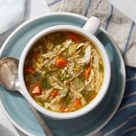 Greek Lemon Chicken & Orzo Soup Greek Lemon Chicken Orzo, Lemon Orzo Soup, Nutritious Vegetables, Lemon Chicken Orzo, Orzo Soup Recipes, Salad Appetizer Cups, For Sore Throat, Creamy Chicken Noodle Soup, Lemon Orzo