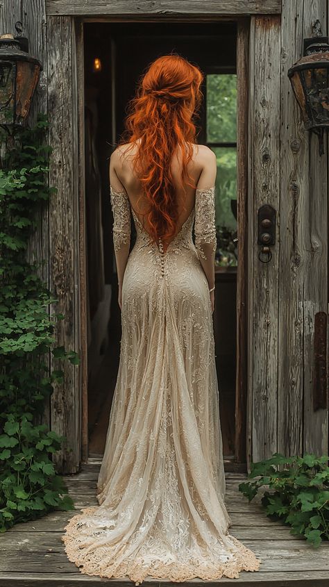 Dress For Forest Wedding, Wedding Dress For Redhead, Boho Woodland Wedding Dress, Woodsy Wedding Dress Fairytale, Whimsical Bridesmaid Dresses Woodland Wedding, Whimsical Lace Wedding Dress, Whimsical Wedding Dress Fairies Boho, Elvish Wedding Dress Lord Of The Rings, Woodland Fairy Wedding Hair